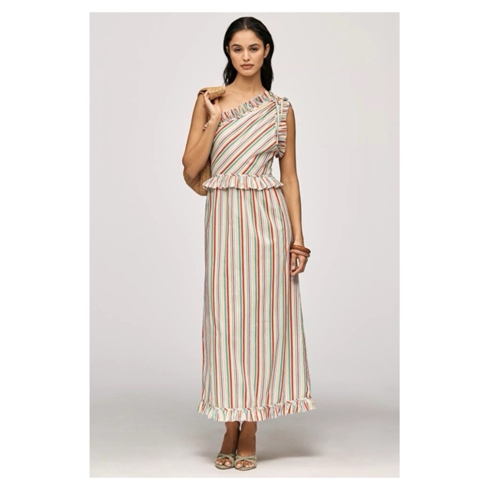 NWT RIXO Arabelle One-Shoulder Midi Maxi Dress rainbow stripes Anthropologie S